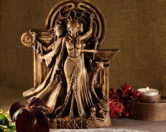 Wooden Hecate Statue: Greek Goddess of Witchcraft Sculpture