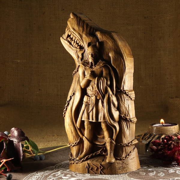 Tyr Statue: Norse God, Fenrir Wolf Wood Carving