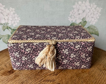 Lovely Hand Made French Vintage  Floral Fabric Covered oblong storage , sewing , jewellery Box