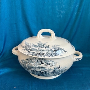 Antique “A La Ville de St Denis” Paris French earthenware transfer printed Soup Terrine 1900 ironstone white & blue / green. Planter, bulbs