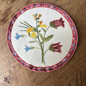 Beautiful Vintage French  hand embroidered round picture panel on a vintage fabric , Flowers and leaves Completley hand made