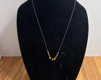Vintage 14K Gold Chain Necklace With Gold Beads And Brown Tiger's Eye Center Bead 24 inches Fine Thin Golden Chain