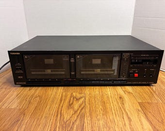 Vintage 1985 Black Toshiba Stereo Cassette Deck Model PC-G46WR Dual Tape Player Cassette Tape Entertainment System 80's Retro Music System.