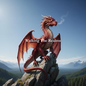 Puede incluir: Un dragón rojo con grandes alas y una larga cola posado en la cima de una montaña rocosa. El dragón exhala humo contra un cielo azul. El texto "Walking The Realms" se muestra en la imagen.
