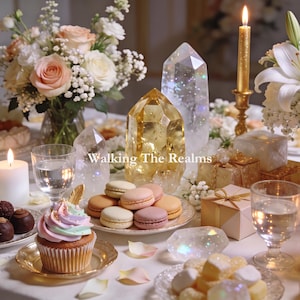 May include: A table setting featuring a cupcake with pastel frosting, a plate of assorted macarons, clear and amber-colored crystal points, a gold candle, and gift boxes. The text "Walking The Realms" is centered in the middle of the image.