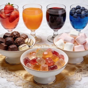 Tavolo con varietà di caramelle e succhi di frutta / Offerta digitale di gruppo per i vostri compagni di viaggio / Regalo per un gruppo di amanti degli alcolici