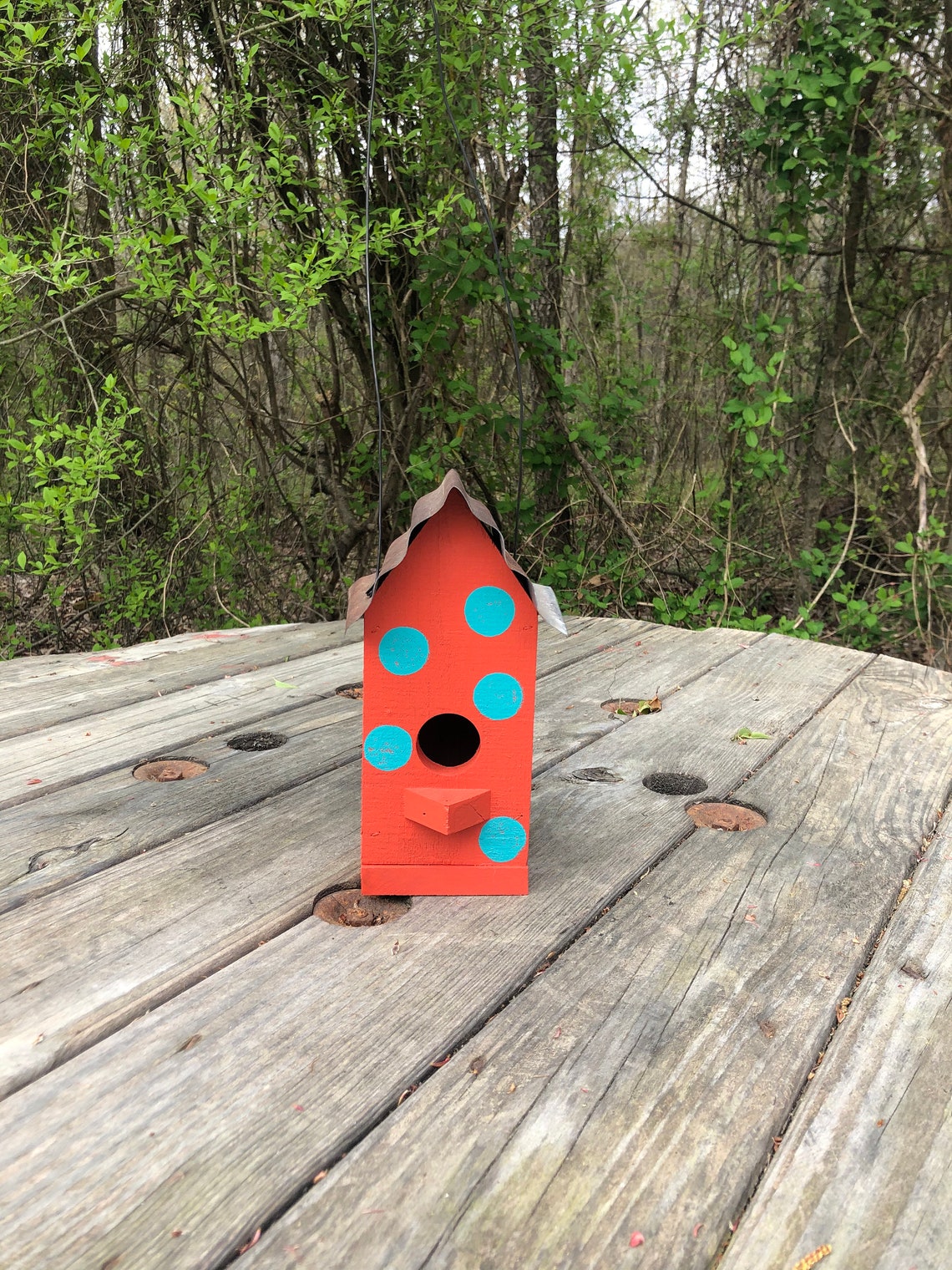 Orange birdhouse with turquoise dots Etsy