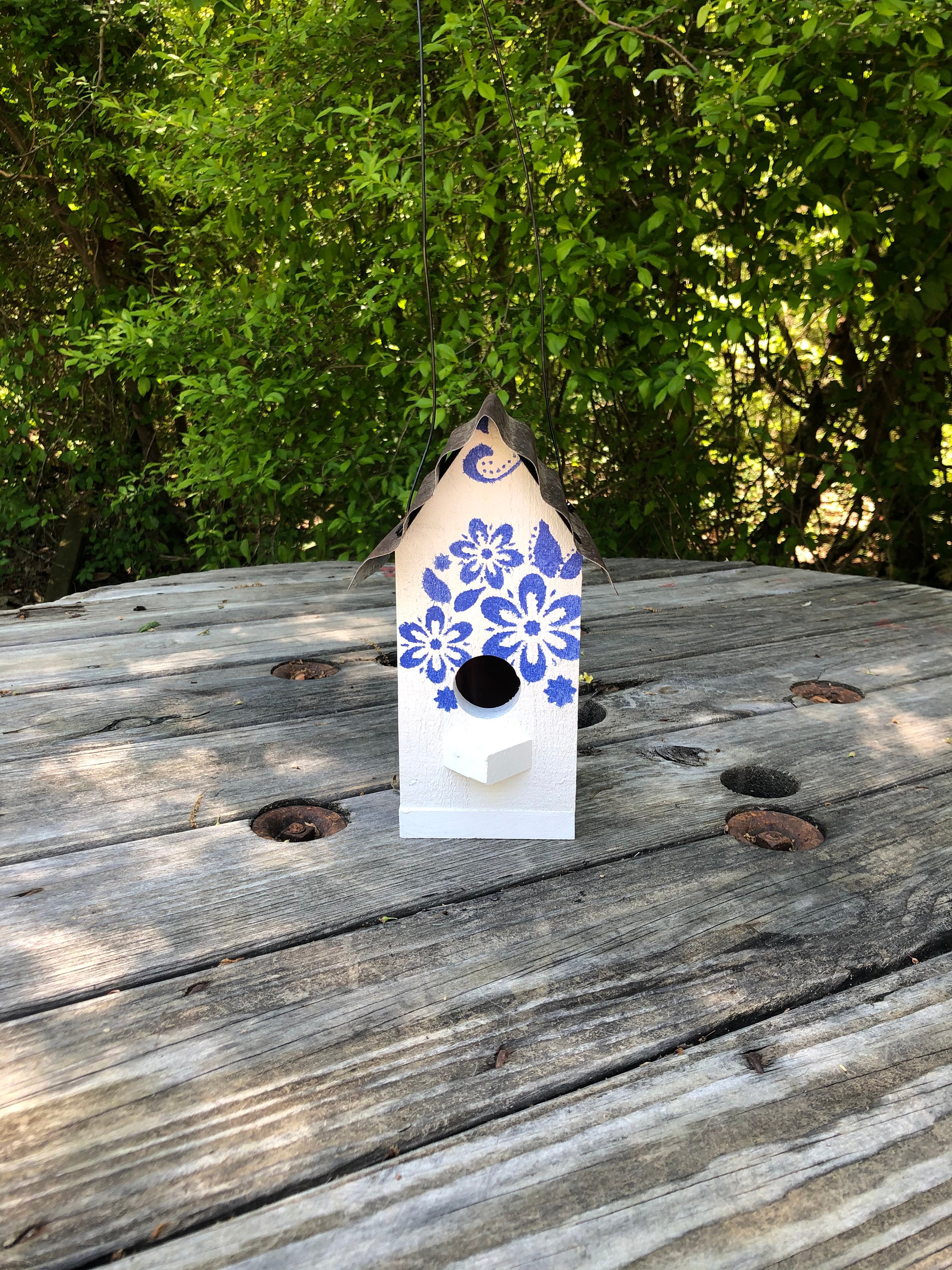 White birdhouse with blue stencil Etsy