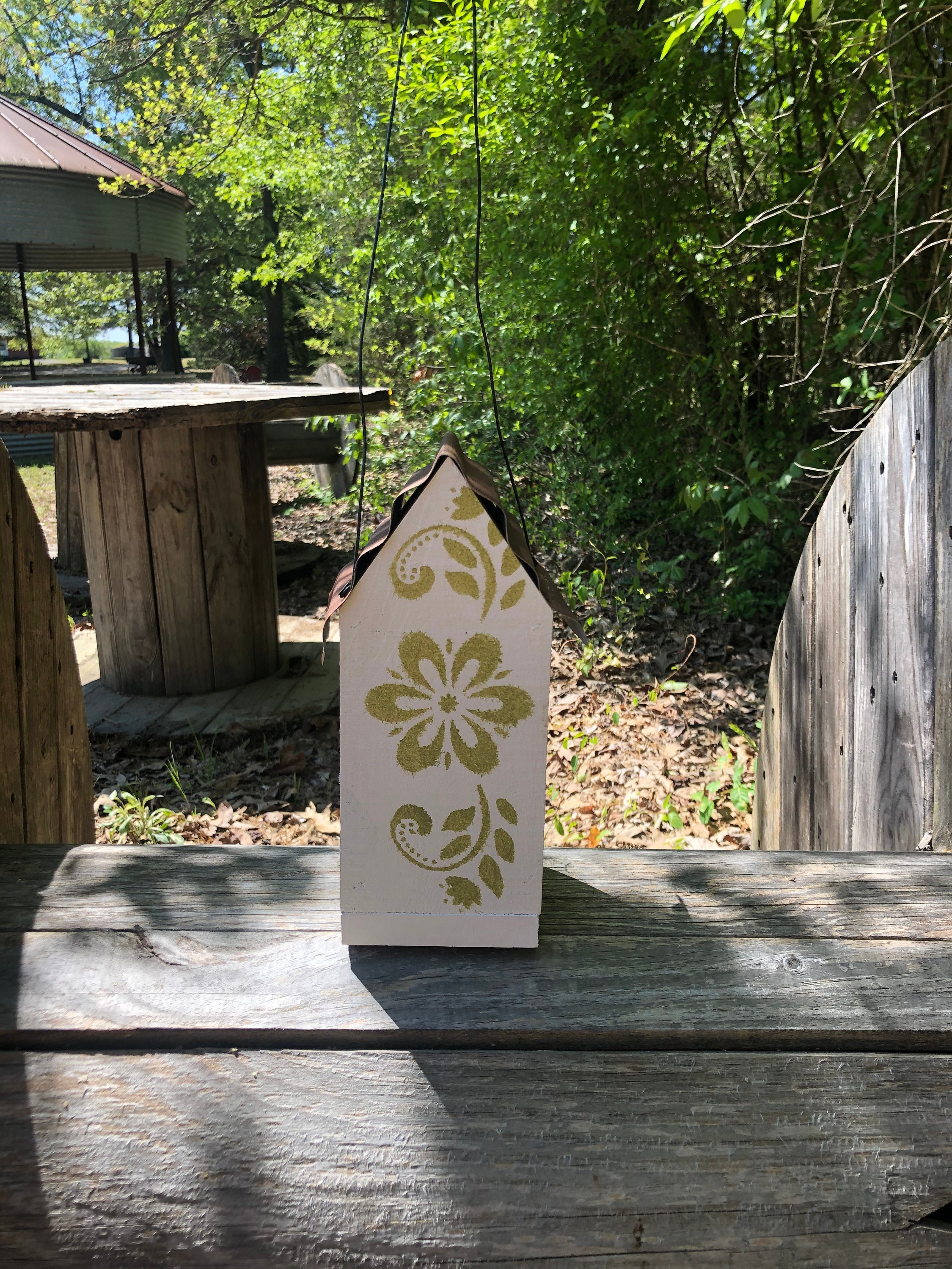 White birdhouse with green stencil Etsy