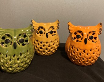 Trio of Lighted Ceramic Owls