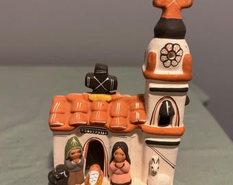 Vintage Peruvian Hand Painted Church Figurine Pottery