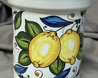 Deruta Made in Italy Lemon Design Utensil Holder 6" tall 5.5" diameter