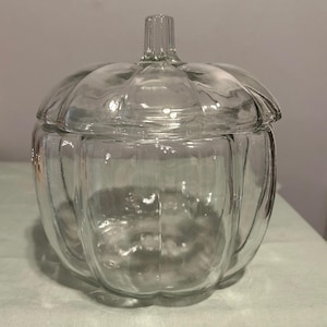 May include: A clear glass pumpkin-shaped jar with a lid. The jar has a ribbed design and is perfect for storing treats or other small items.