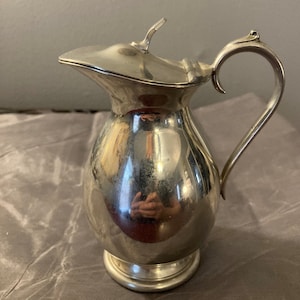 Op de afbeelding: Een zilveren kan met een deksel en een handvat. De kan heeft een peervormig lichaam en een ronde basis.