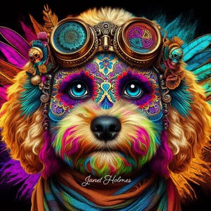 Könnte beinhalten: Ein farbenfrohes digitales Kunstporträt eines Hundes mit Steampunk-Brille und lebendiger Gesichtsbemalung. Das Fell des Hundes ist eine Mischung aus Regenbogenfarben, mit komplizierten Mustern, die sein Gesicht schmücken. Der Text "Janet Holmes" ist enthalten.