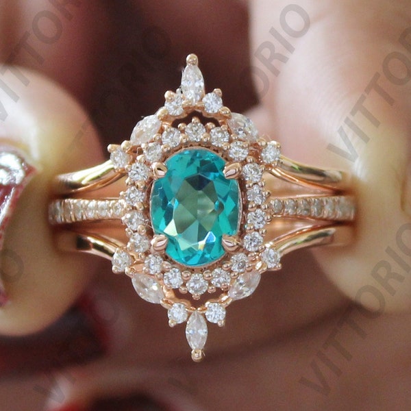 8x6mm Paraiba Tourmaline Engagement Ring Set,Vintage Paraiba Wedding Ring Set,Antique Art Deco Paraiba Bridal Promise Ring Set,Gift For wife