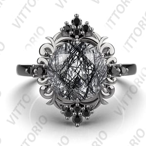 Round 8.00 mm Black Rutilated Quartz gemstone 925 Silver Engagement Wedding Bridal Ring For Her 14K Gold Black Rhodium Black Gold Ring