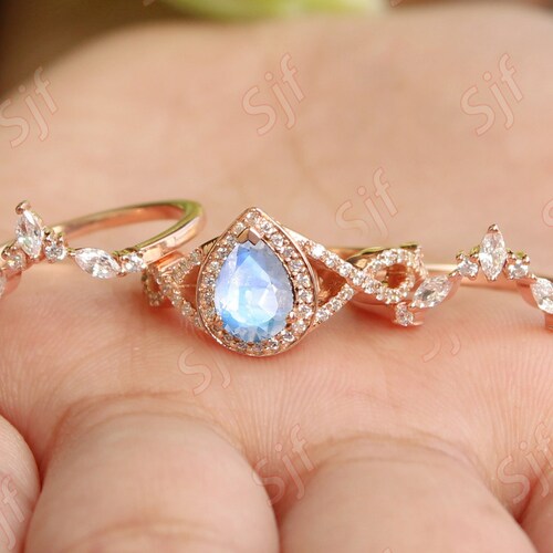 8x6mm Pear Natural Rainbow Moonstone Wedding shops Ring Set, Pear Cut Moonstone Anniversary Ring Set For Women, June Birthstone Gift For Wife