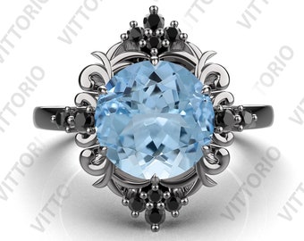 Rond 8.00 mm Aquamarine 925 Argent Fiançailles Mariage Bague de mariée pour sa bague filigrane noir rhodium noir or 14K pour elle