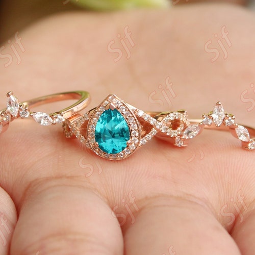 Pear Shape Paraiba Tourmaline Engagement Ring Set For Her,Pear Cut Paraiba Tourmaline shops Wedding Ring Set,October Birthstone, Gift For Love