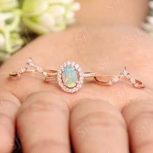 Vintage Unique oval cut Opal engagement ring set, Beautiful 3 PCS Wedding ring set,Halo Moissanite ring set,Art deco bridal ring set for her