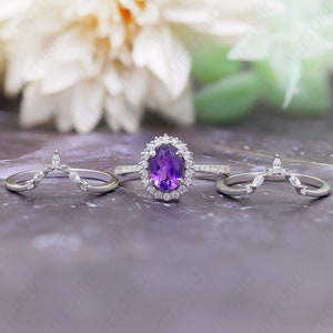 Oval Amethyst Engagement Ring set, 925 Sterling silver Engagement Ring set Unique Halo Moissanite Wedding Bridal Ring Set, Gift for Women's