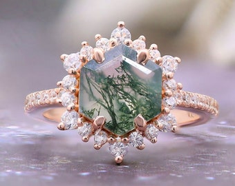 Hexagon Moss Agate Silver Engagement Wedding Bridal Ring For Her Halo Statement Promise Anniversary Graduation Birthday Gift For Love