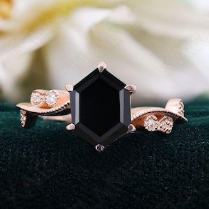 Hexagon Black Onyx 14K Rose Gold 925 Silver Ring Engagement Ring Wedding Ring Black Art Deco Ring Promise Ring Gift For Love Statement Ring