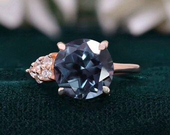 Round Alexandrite 14K Rose Gold 925 Silver Ring Engagement Ring Wedding Ring Halo Ring Promise Ring Gift For Love Statement Ring