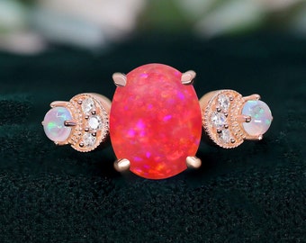 Oval Pink Opal 14K Rose Gold 925 Silver Ring Engagement Ring Wedding Ring Pink Fire Opal Ring Promise Ring Gift For Love Statement Ring
