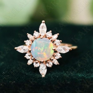 Round Opal 14K Rose Gold 925 Silver Ring Engagement Ring Wedding Ring Fire Opal Ring Promise Ring Gift For Love Statement Ring Promise Ring