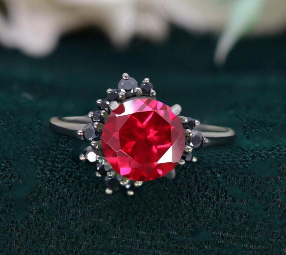 Round Ruby 925 Silver Ring Black Rhodium Plated Engagement Ring