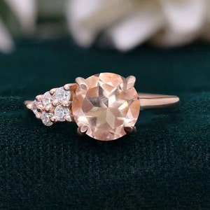 Round Peach Morganite 14K Rose Gold 925 Silver Ring Engagement Ring Wedding Ring Art Deco Ring Promise Ring Gift For Love Statement Ring