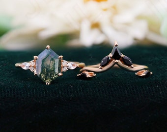 Hexagon Moss Agate 14K Rose Gold 925 Silver Engagement Ring Set Wedding Set Ring Green Moss Agate Ring Set Stacking Rings Gift For Love