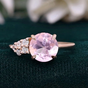 Morganite rose ronde 14 carats bague en argent 925 bague de fiançailles bague de mariage bague art déco bague de promesse cadeau pour bague d&#39;amour