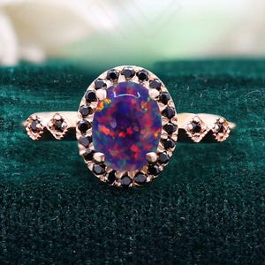 Opale noire ovale en or rose 14 carats 925 bague de fiançailles bague de mariage bague en opale de feu noire bague de promesse cadeau pour bague d&#39;amour