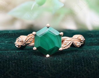 Hexagon Malachite 14K Rose Gold 925 Silver Ring Engagement Ring Wedding Ring Promise Ring Statement Ring Birthday Gift Anniversary Gift
