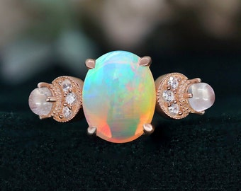 Oval Ethiopian Opal 14K Rose Gold 925 Silver Bridal Ring Engagement Ring Wedding Ring Bridal Ring Promise Ring Gift Statement Ring