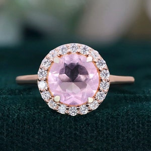 Morganite rose ronde, or rose 14 carats, bague en argent 925, bague de fiançailles, bague de mariage, bague halo, bague de promesse, cadeau pour l&#39;amour, bague