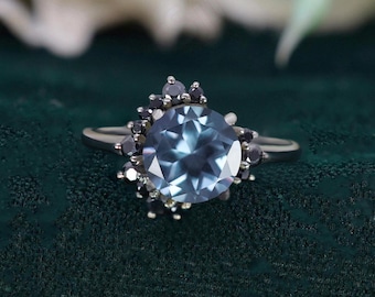 Anillo de alejandrita redondo de plata 925, anillo de compromiso chapado en rodio negro, anillo de boda, anillo negro, anillo de promesa, regalo para el amor, anillo de declaración