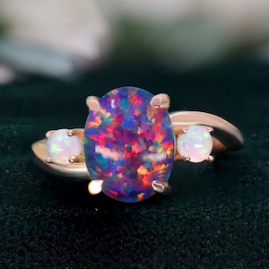 Oval Black Opal 14K Rose Gold 925 Silver Ring Engagement Ring Wedding Ring Black Fire Opal Ring Promise Ring Gift For Love Statement Ring