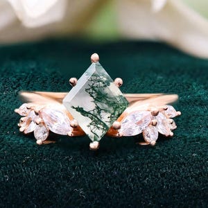 Kite Moss Agate 14K Rose Gold 925 Silver Ring Engagement Ring Wedding Ring Promise Ring Statement Ring Birthday Gift Anniversary Gift
