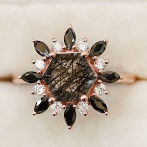 Hexagon Black Rutilated Quartz 14K Rose Gold 925 Silver Ring Engagement Ring Wedding Ring Art Deco Ring Promise Ring Statement Ring