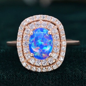 Oval Blue Opal 14K Rose Gold 925 Silver Ring Engagement Ring Wedding Ring Blue Fire Opal Ring Promise Ring Gift For Love Statement Ring