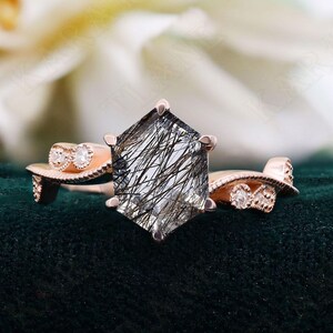 Hexagon Black Rutilated Quartz 14K Rose Gold 925 Silver Ring Engagement Ring Wedding Ring Art Deco Ring Promise Ring Statement Ring