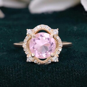 Morganite rose ronde 14 carats bague en argent 925 bague de fiançailles bague de mariage bague art déco bague de promesse cadeau pour bague d&#39;amour