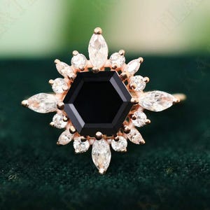 Hexagon Black Onyx 14K Rose Gold 925 Silver Ring Engagement Ring Wedding Ring Black Art Deco Ring Promise Ring Gift For Love Statement Ring