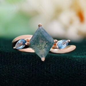 Kite Moss Agate 14K Rose Gold 925 Silver Ring Engagement Ring Wedding Ring Promise Ring Statement Ring Birthday Gift Anniversary Gift
