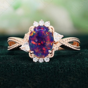 Opale noire ovale en or rose 14 carats 925 bague de fiançailles bague de mariage bague en opale de feu noire bague de promesse cadeau pour bague d&#39;amour