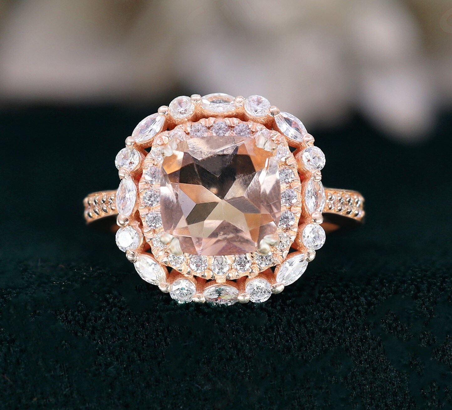 Cushion Peach Morganite 14K Rose Gold 925 Silver Ring Engagement Ring Wedding Ring Art Deco Ring Promise Ring Statement Ring Birthday Gift